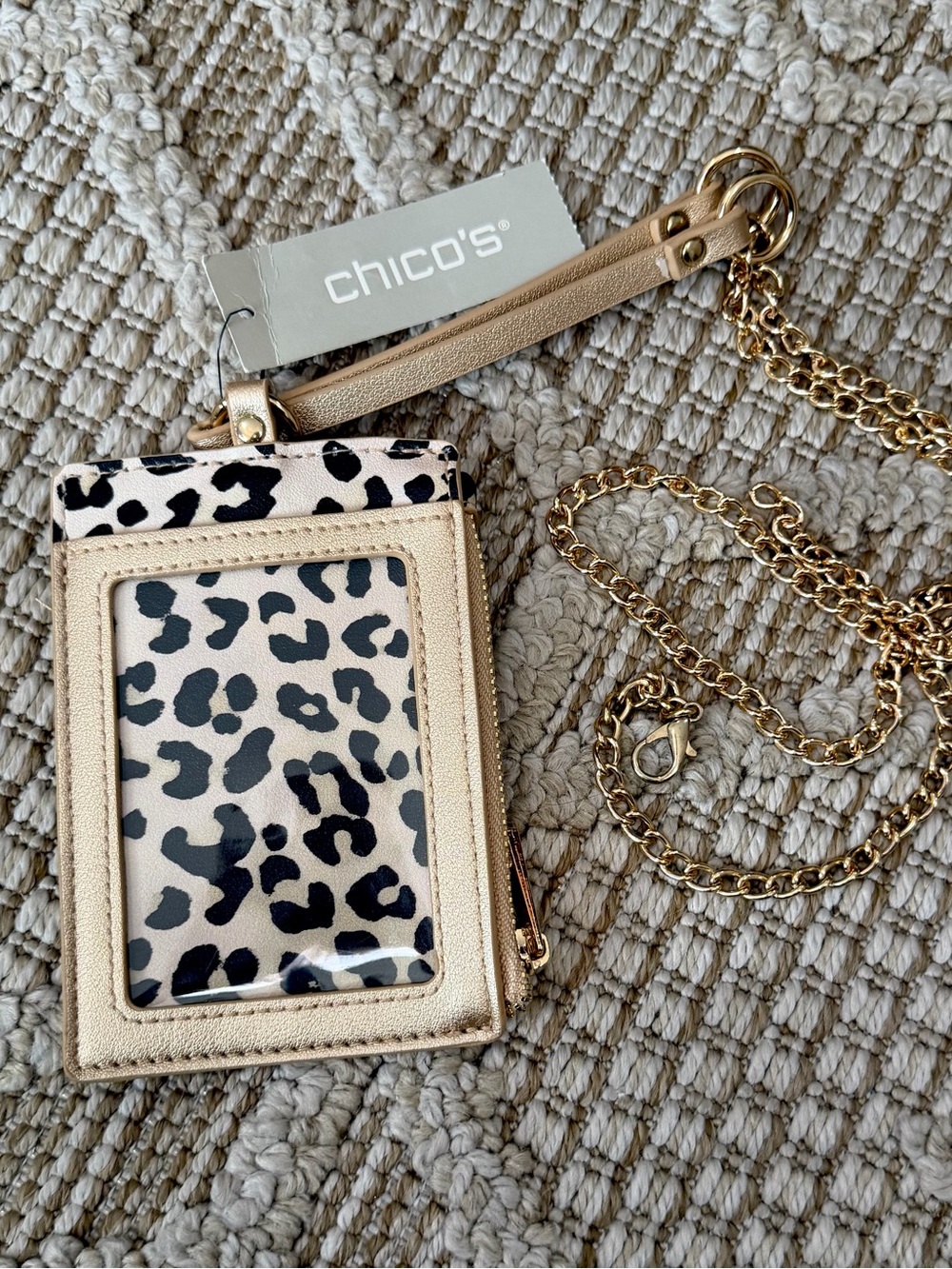 CHICO’S Lanyard Credit Card Pouch Gold Animal Print NWT